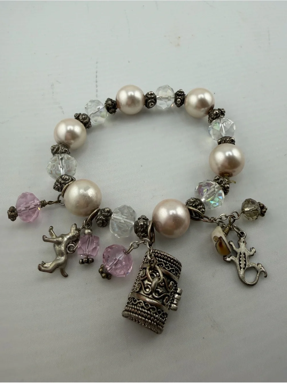 Vintage Faux Pearl Crystal Charm Bracelet Treasure Chest Dog Lizard Bracelet
